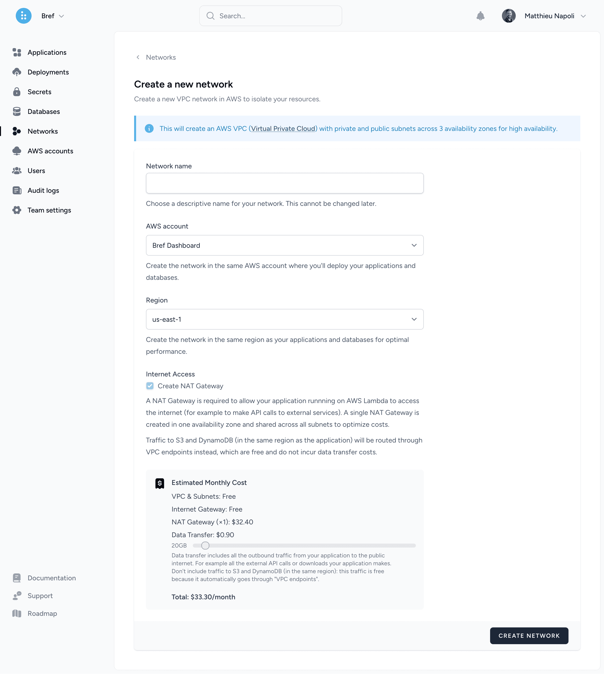 Create a private network in Bref Cloud