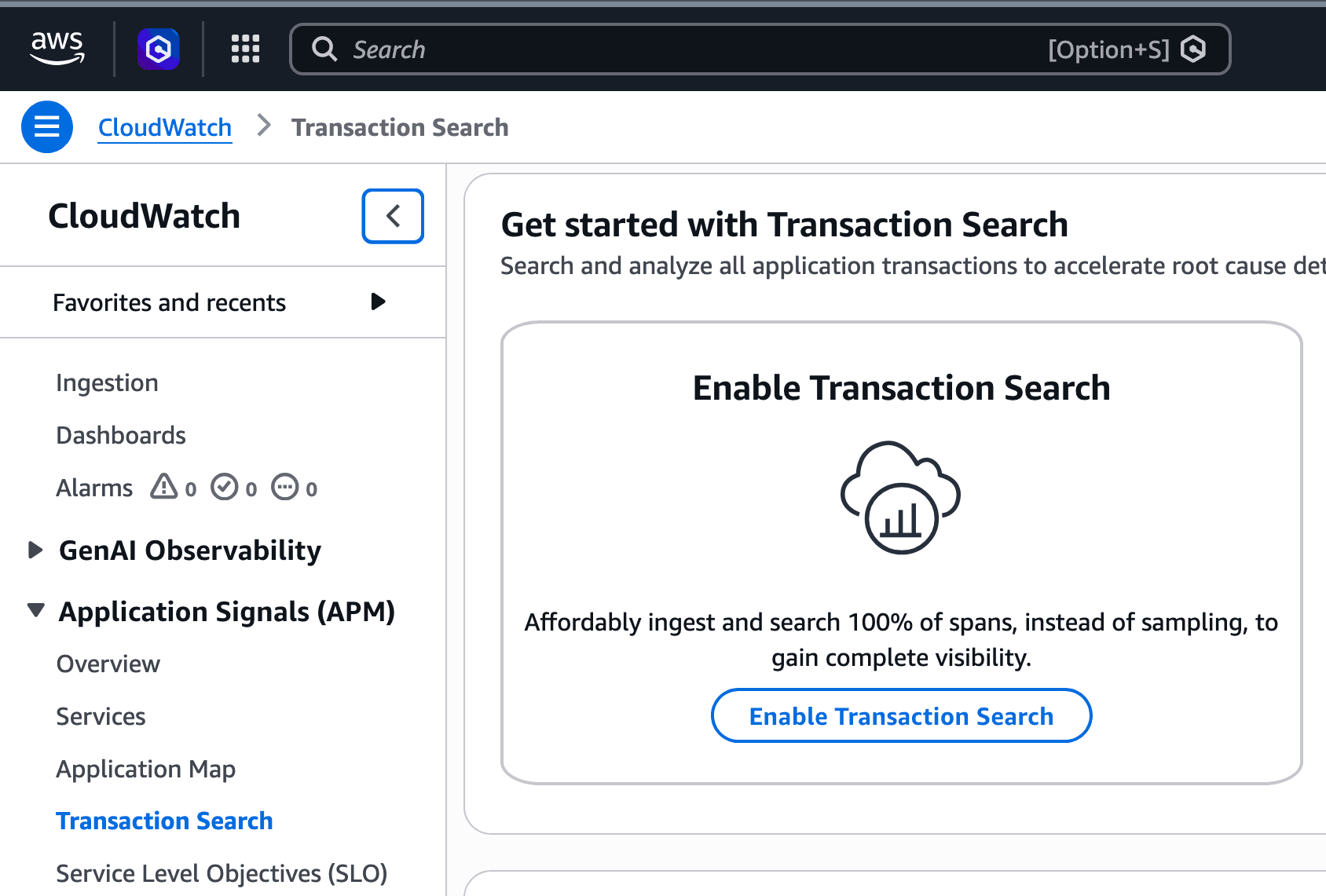Enable Transaction Search in the AWS CloudWatch console